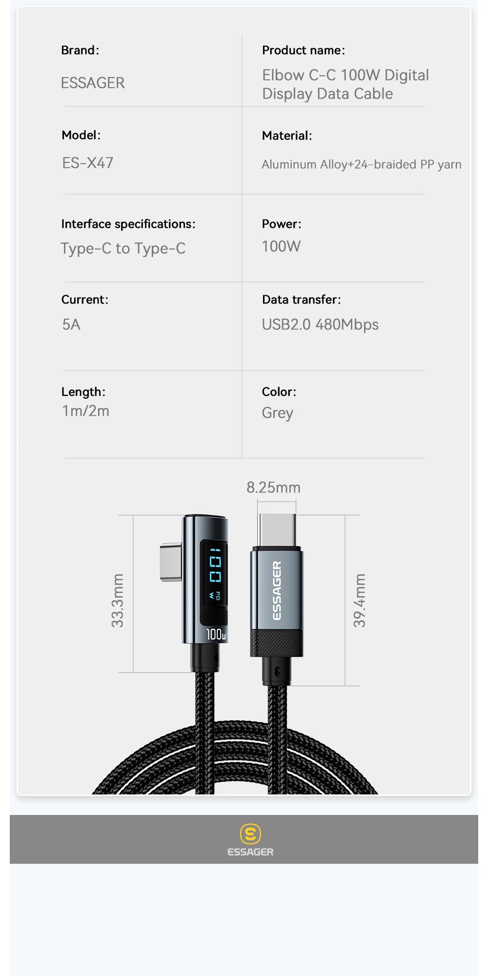 Cable USB C a tipo C Essager PD100W, cable de carga rápida con codo de 90 grados y pantalla para iPhone 15, Huawei, Samsung y MacBook Pro.