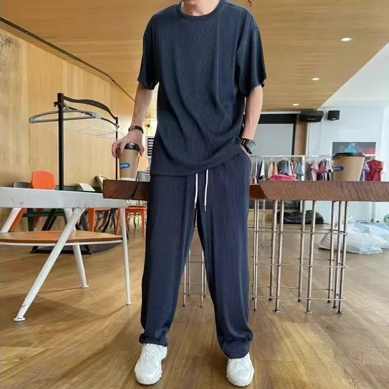 Conjunto deportivo informal de verano para hombre, de seda de hielo, con camiseta fina de manga corta y pantalones largos de secado rápido, a juego con media manga.