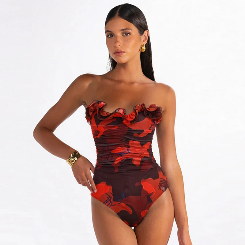 Sexy Swimsuit Women Bikini Set Lily Contrast Print Fabric Patchwork Skirt Push Up Swimsuit Biquini Bodysuit Bathing Suits