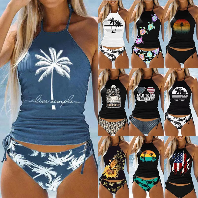 Women's Bathing Suit Coconut Drawstring Side Halter Neck Tankini Set Summer Beach Wear Cute Swimwear Women Swimsuit Sexy Bikini