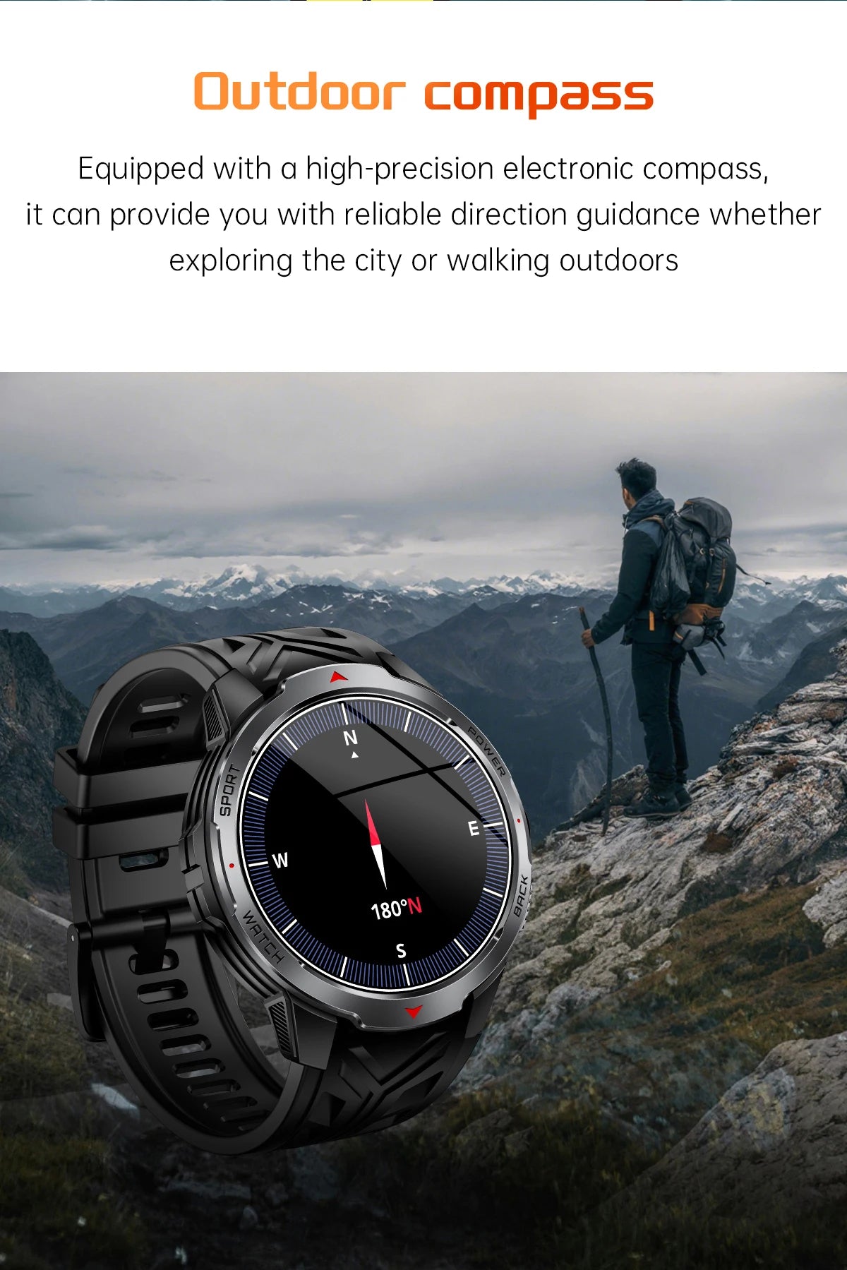 Reloj inteligente deportivo para exteriores para hombre, con batería grande de 1100 mAh, brújula, linterna LED, control del ritmo cardíaco, compatible con Android e iOS.
