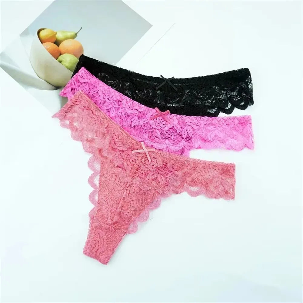 Tanga sexy de encaje de cintura baja para mujer, bragas transparentes, ropa interior erótica, 3 unidades, envío gratis