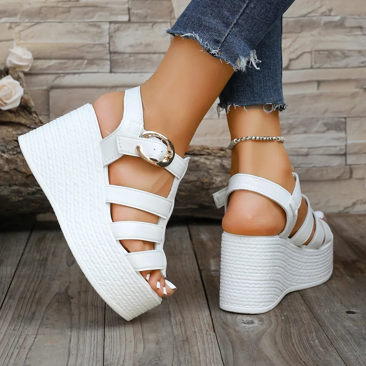 Sandalias de tacón grueso estilo romano de moda, zapatos de mujer, zapatillas de plataforma de tacón alto de verano, sandalias de suela plana con hebilla elegante
