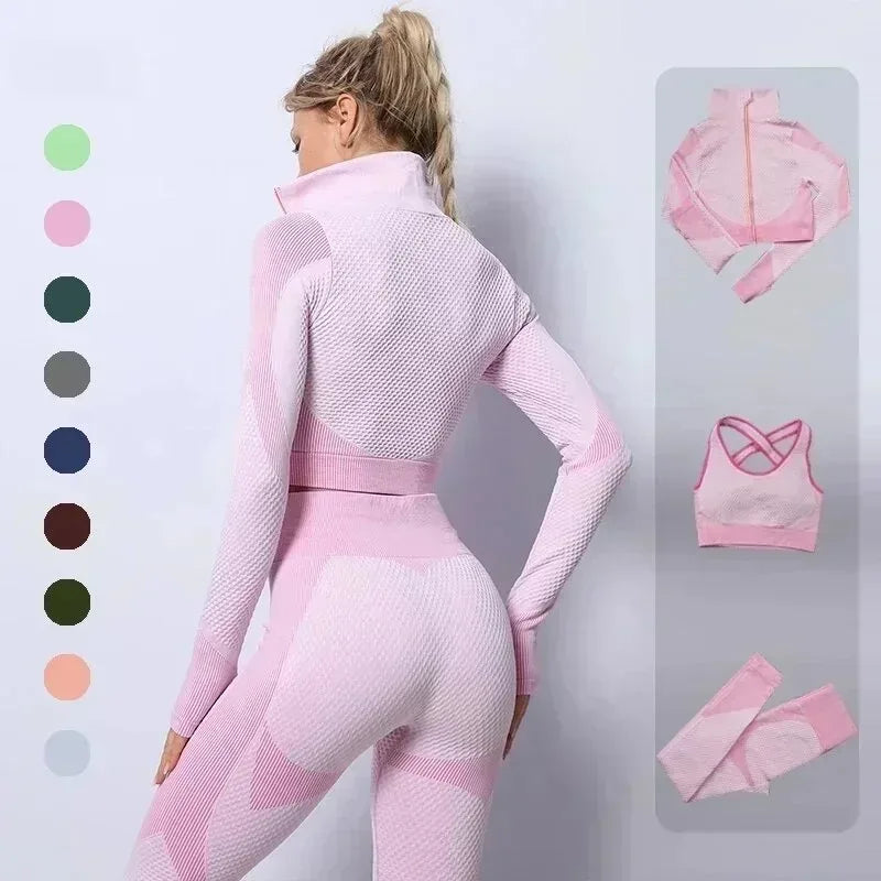 Conjunto de 3 piezas de yoga sin costuras, chaleco deportivo de fitness, pantalones de cintura alta que levantan la cadera, ropa de entrenamiento, conjunto de leggings de gimnasio para mujer