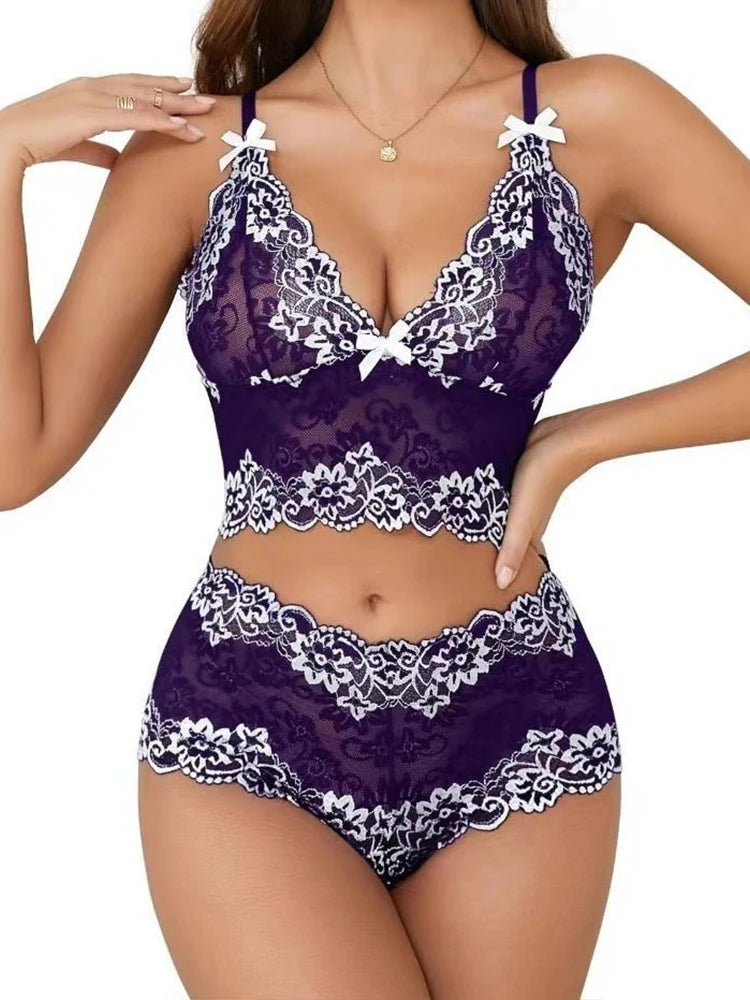 Conjunto de lencería sexy con sujetador, ropa interior sexy para mujer, bragas exóticas, lencería transparente de encaje con entrepierna abierta, disfraces eróticos porno.