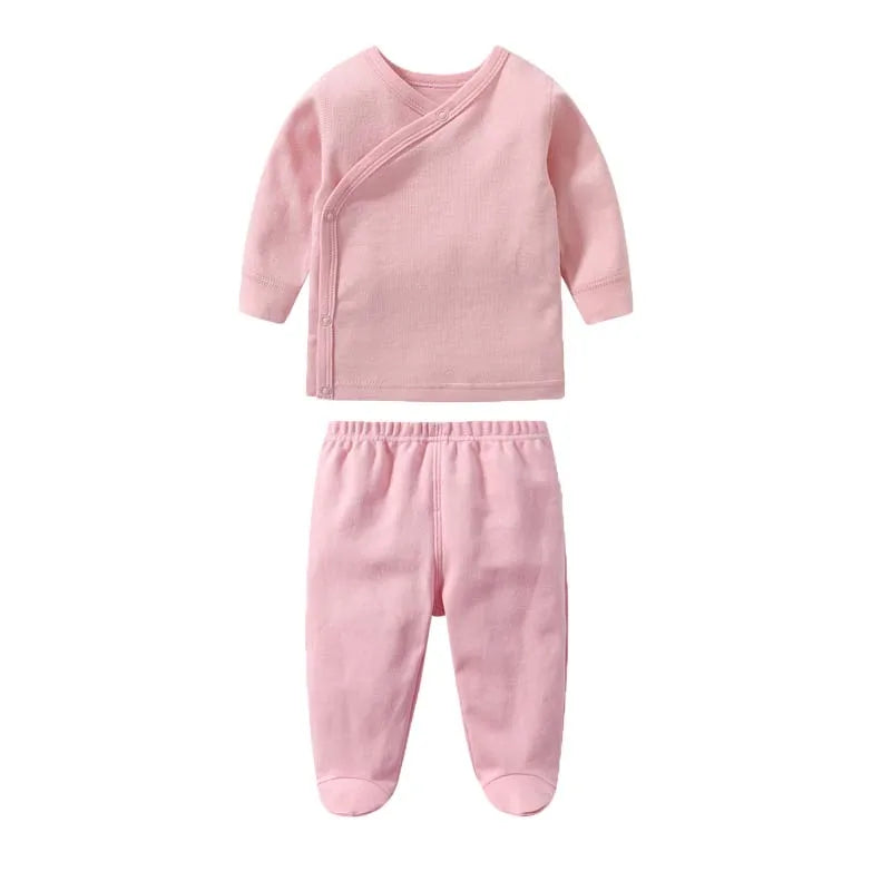 Conjunto de ropa para bebé, niño y niña, camiseta de manga larga de algodón con botones abiertos, pantalones de color liso, conjuntos de primavera para bebé.