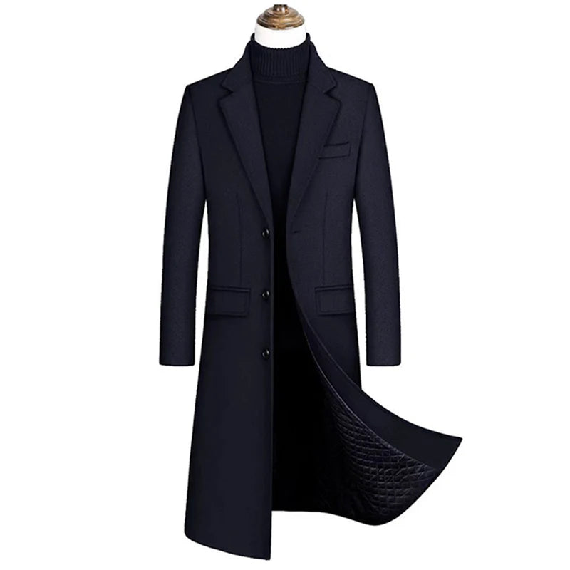 Nueva chaqueta cortavientos larga de lana de alta calidad para hombre, color negro y gris, clásica, gruesa y cálida, ideal para otoño e invierno (2025).