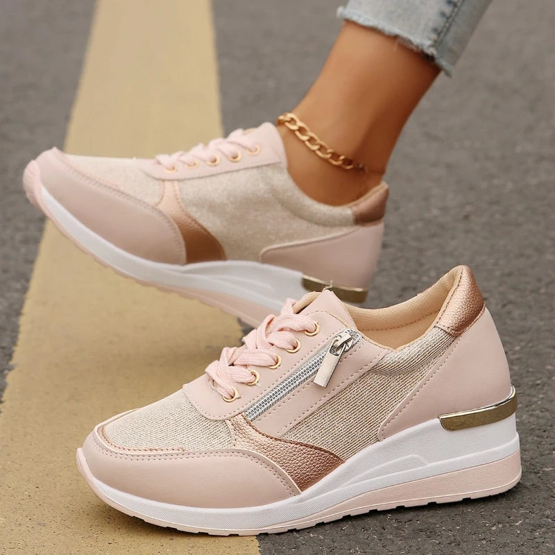 Zapatillas de deporte con cuña rosa de moda 2025 para mujer, ligeras, transpirables, informales, con plataforma vulcanizada y de talla grande.