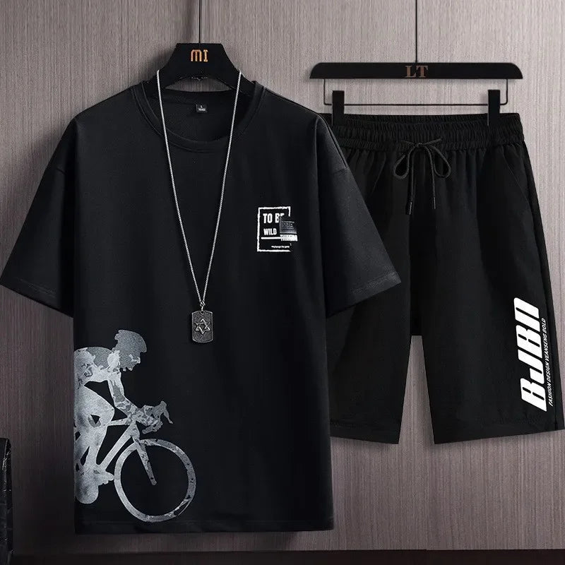 Conjunto deportivo de dos piezas para hombre, camiseta de manga corta a la moda, estilo veraniego, con estampado de montañas nevadas, corte entallado, versión coreana