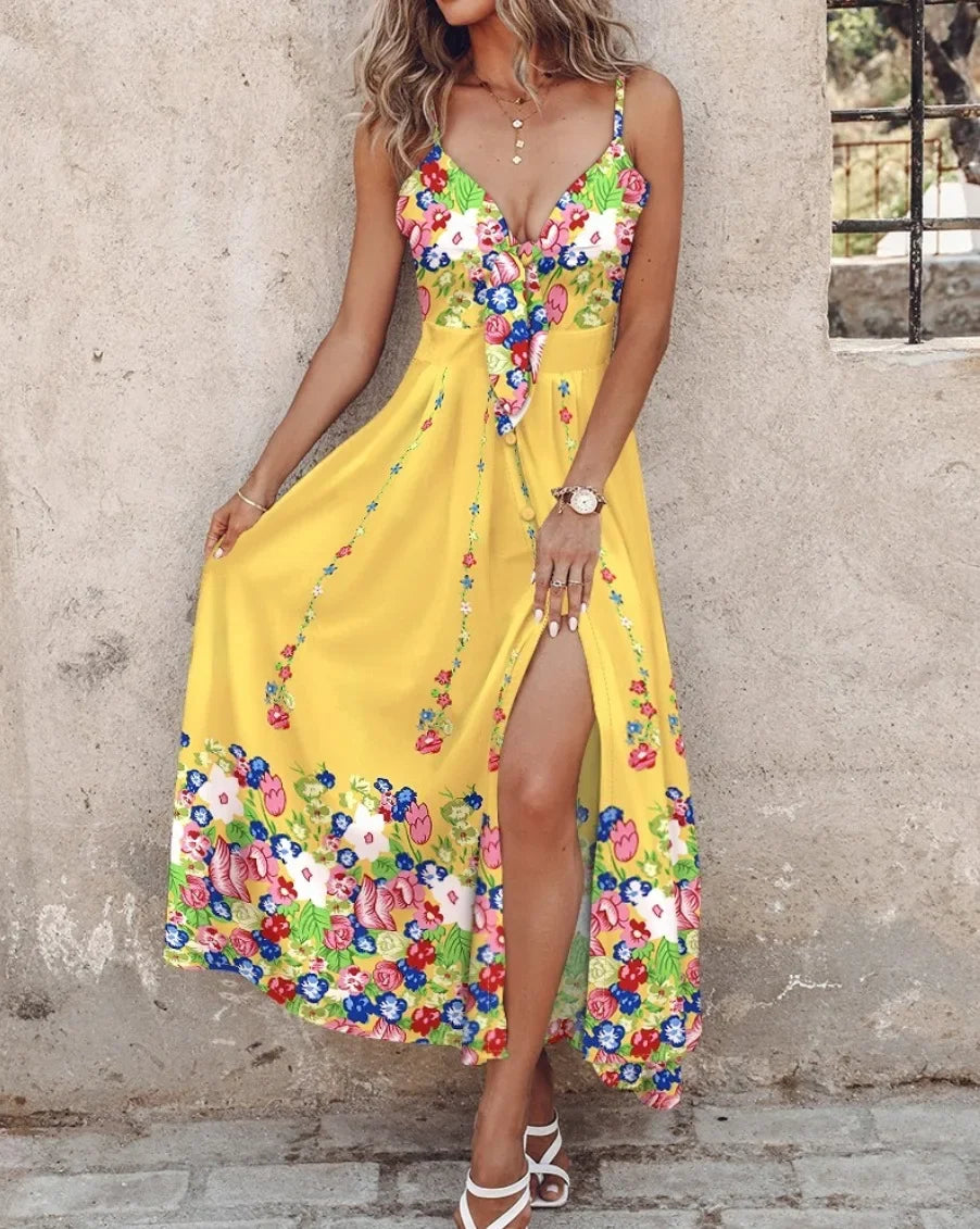 Boho Beach Sexy New Long Dresses Women Fashion Floral Print V-Neck Slim Sleeveless Backless Beach Maxi White Dress Elegant Robe