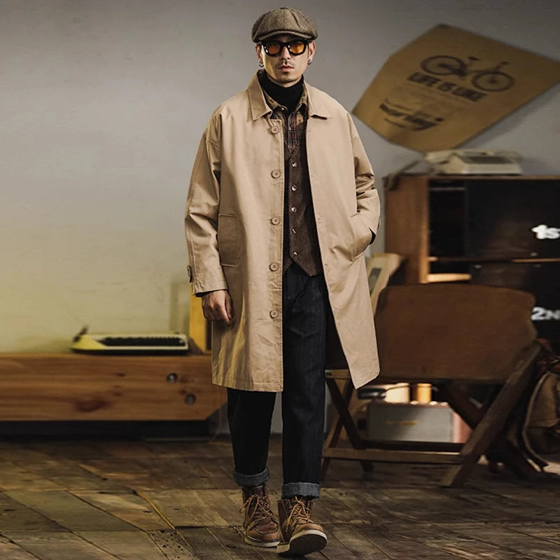 Retro American Sle Men's Long Coat Cotton Casual Faion Urban Youth Pure Color Button up Loose Fit Autumn Winter Coat