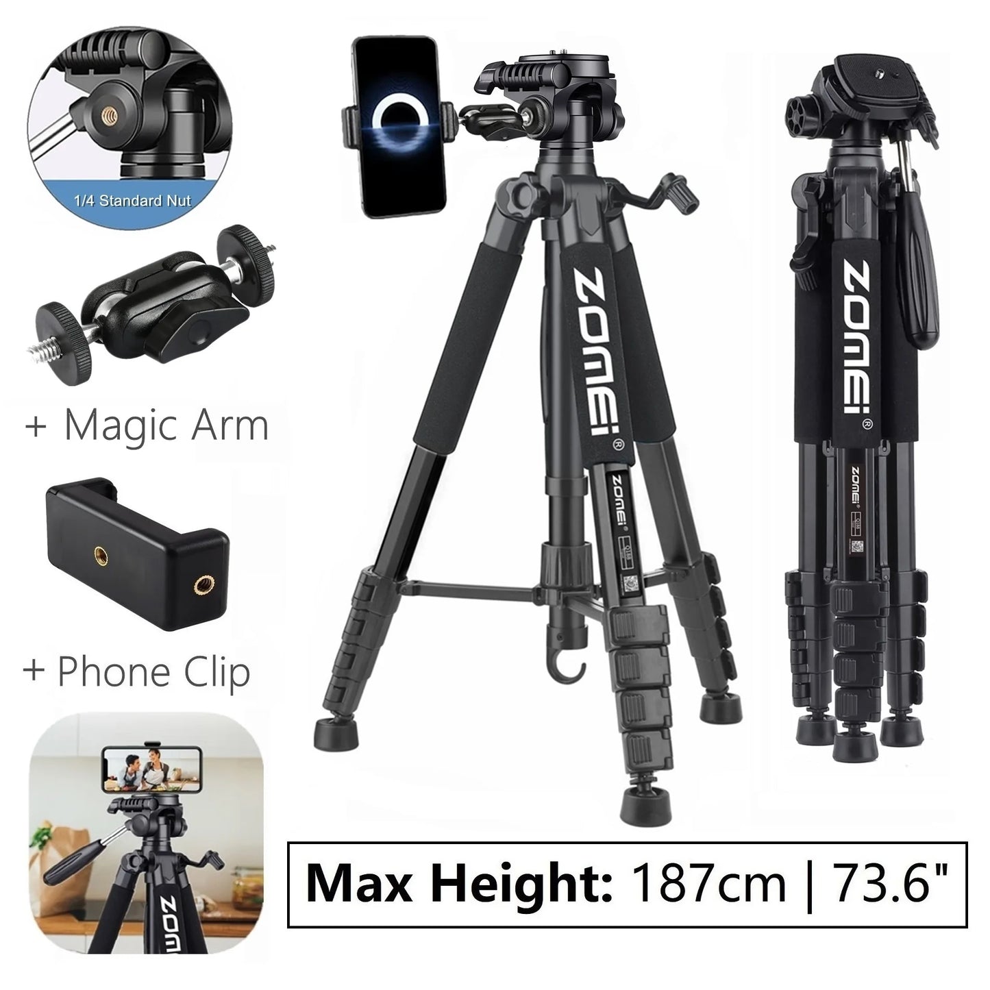 Trípode profesional compacto de aluminio de 188 cm/73,6 pulgadas de alto para cámara digital, Canon, DSLR, teléfono inteligente, trípode fotográfico