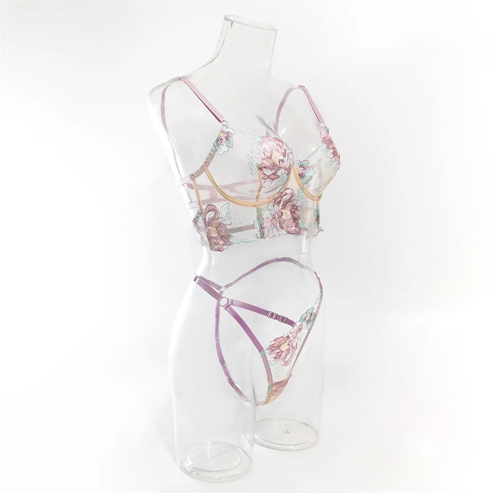 Conjuntos de lencería sexy con bordado floral para mujer, conjunto de sujetador y tanga de encaje transparente, conjuntos sensuales y delicados, ropa de juego para parejas