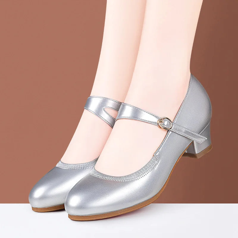 Zapatos Mary Jane de plataforma de piel suave, cómodos y poco profundos, de 3,5 cm y 5,5 cm, para primavera de 2025, con tacón de bloque mediano, para oficina y mamá.