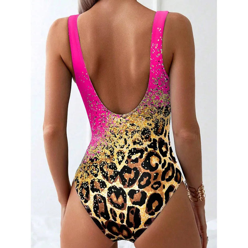 Nuevo bikini sexy estampado tie-dye con estampado de leopardo, traje de baño deportivo sin espalda, conjunto de bikini de una pieza para mujer