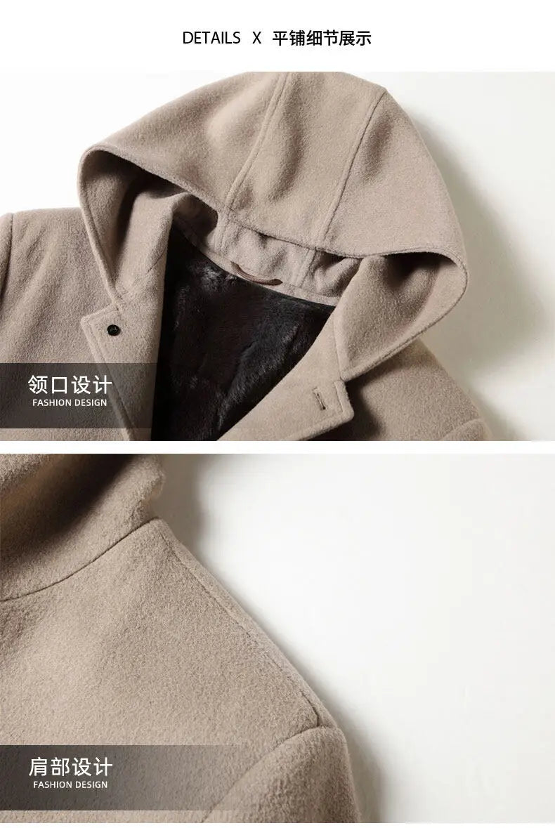 2024 Winter New Men's Hoodie Medium Long Woolen Coat Rabbit Plush Thick Warm Casual Coat High end Fabric 100% Pure Wool