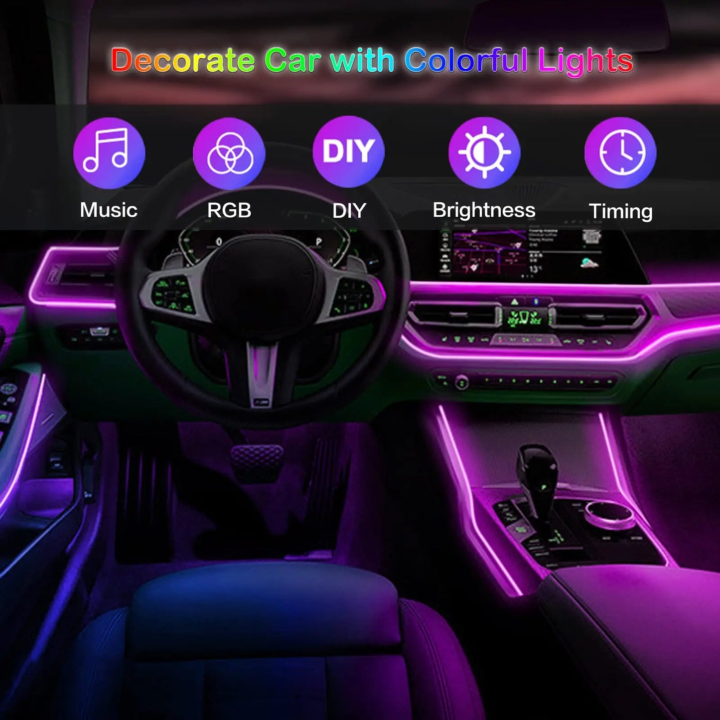 Tira de luces LED para ambiente interior de coche, RGB, fibra óptica, iluminación de neón con control remoto por aplicación, lámparas decorativas para coche