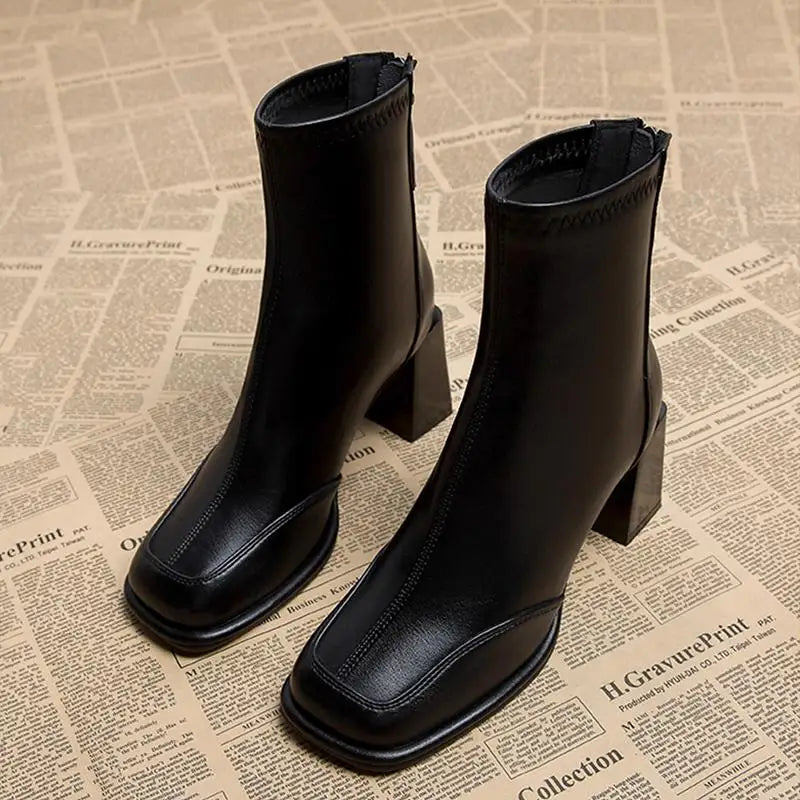 British Vintage Square Toe Ankle Boots Women 2025 Autumn Winter Thick High Heel Black Pu Boots Woman Cowboy Short Booties Shoes