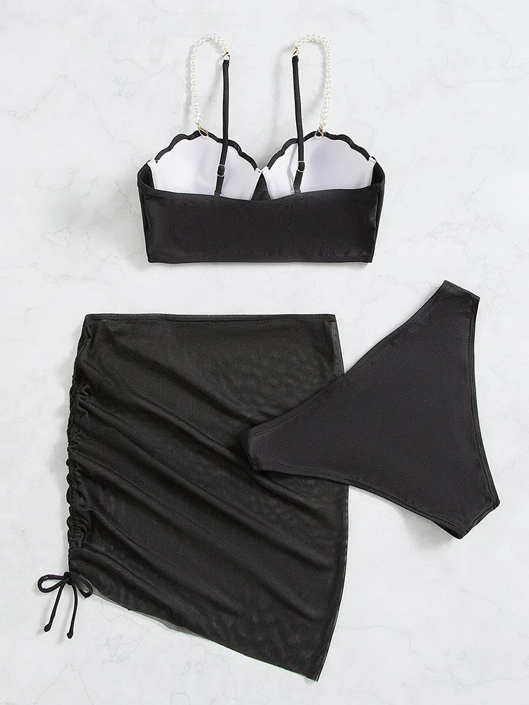 Conjunto de bikini sexy de 3 piezas para mujer, traje de baño con falda, novedad de 2023, bikini push up para mujer, ropa de playa con perlas sintéticas.