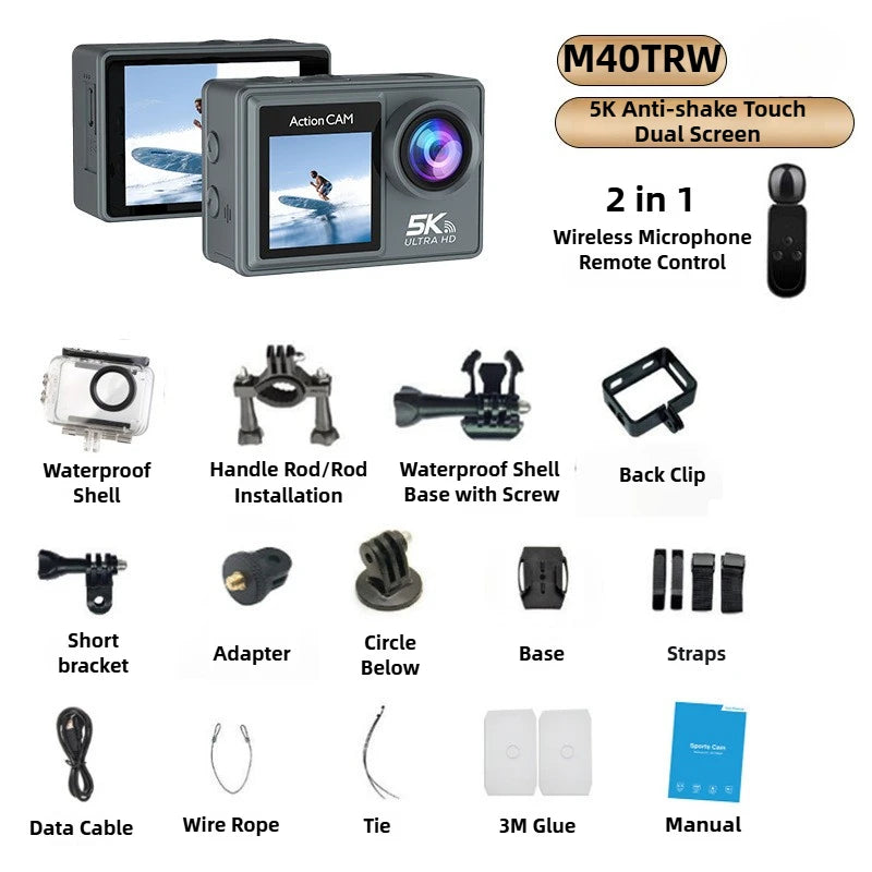 Cámara de acción M40TR 5K con pantalla táctil IPS de 2", zoom 5X, 170°, alcance de 30 m, antivibración, impermeable, control remoto WiFi, deportiva