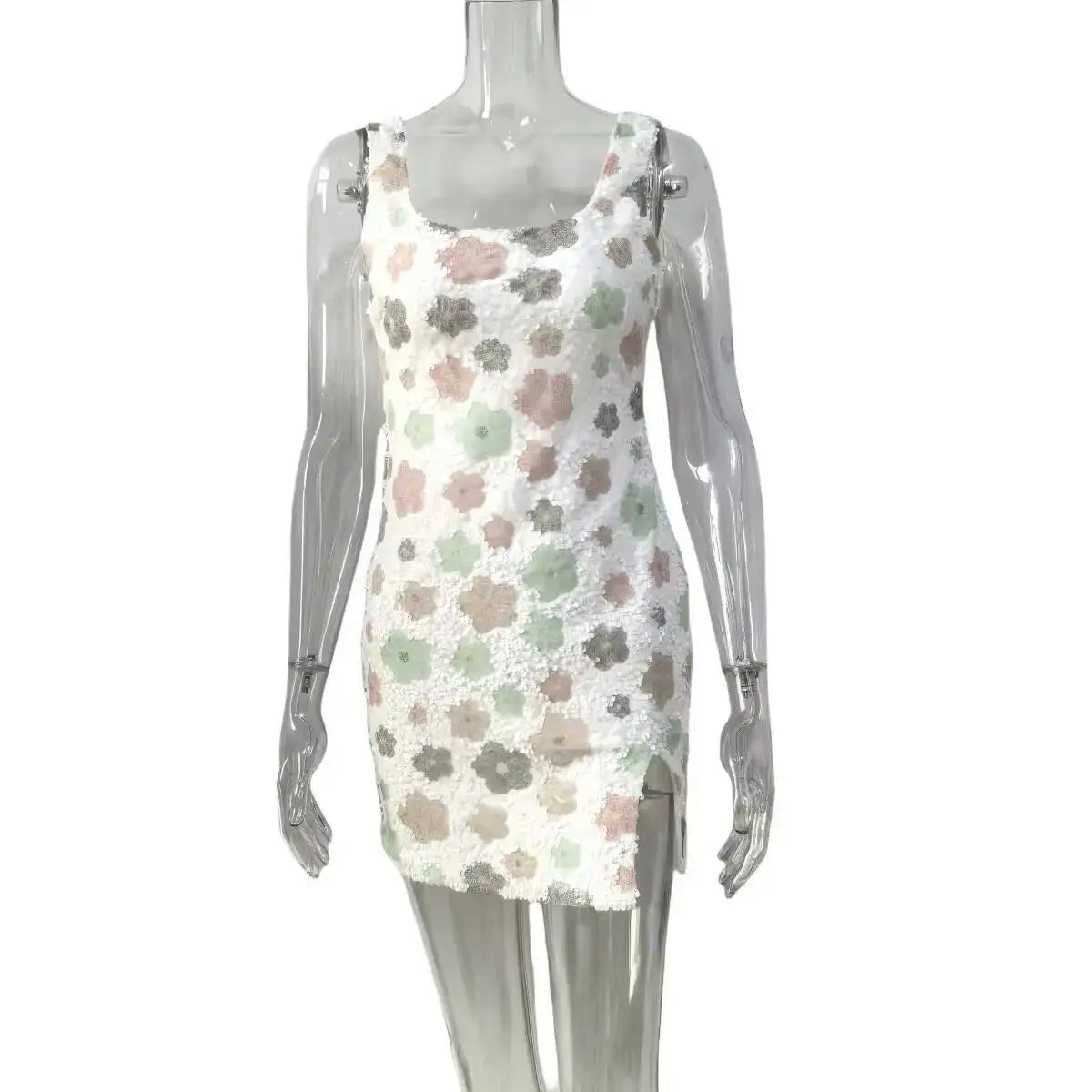 Vestido de fiesta sexy para mujer, estilo discoteca, con lentejuelas florales, tipo pueblo, tirantes finos, mini, primavera/verano 2025, vestido ajustado y entallado.