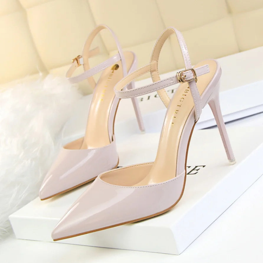 Zapatos de tacón ultraalto, sencillos, delgados, de piel pintada, sexis, para discoteca, con tiras de una palabra, para mujer, 86-1