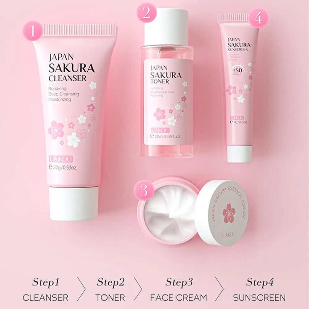 Sakura Skin Care Set Limpiador facial, suero, tónico, protector solar, crema facial Belleza cuidado de la piel Para mujeres Regalos Rutina Kit de viaje
