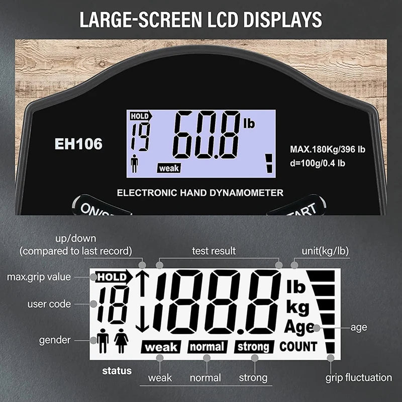 Dinamómetro digital de mano de 180 kg con pantalla LCD para entrenamiento de antebrazo y levantamiento de pesas.