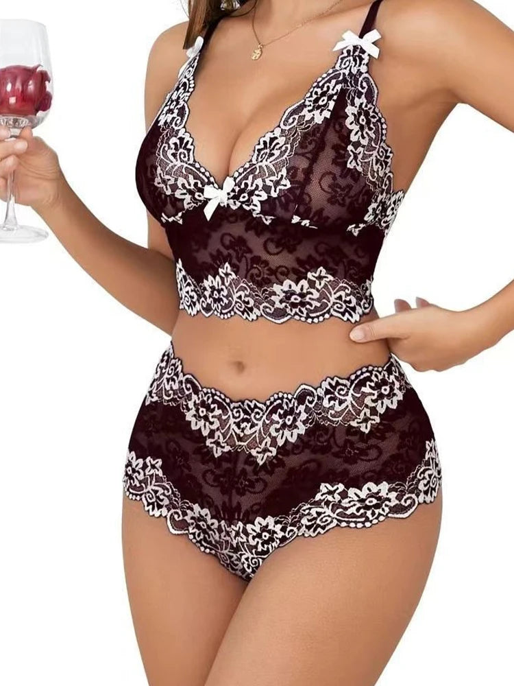 Conjunto de lencería sexy con sujetador, ropa interior sexy para mujer, bragas exóticas, lencería transparente de encaje con entrepierna abierta, disfraces eróticos porno.