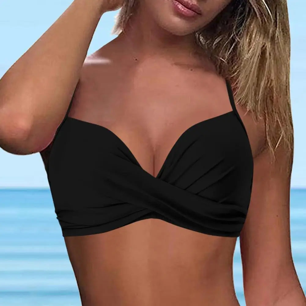 Sexy Ladies Beachwear Bra Tops Black for Swimwear Female Low Waist Swimsuit Women V-Neck Front Knotted Bikini Top Bathing Suit