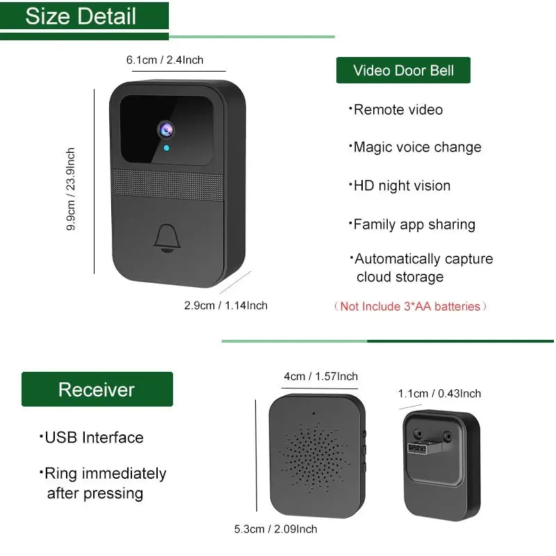 Timbre de video inalámbrico para casa inteligente, audio bidireccional, video HD, cámara, almacenamiento en la nube, visión nocturna, wifi 2.4G para casa y oficina.