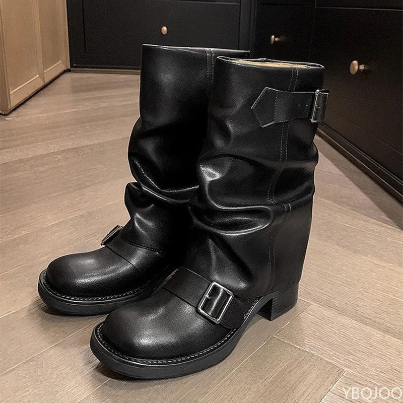 Botas vaqueras retro marrones de estilo occidental para mujer, estilo otoño-invierno, 2025, nuevas botas cortas, delgadas, gruesas y apiladas.