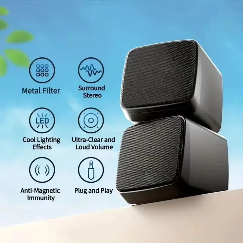 Mini altavoces estéreo con luces geniales, barra de sonido para computadora, altavoces portátiles de 3,5 mm con alimentación USB para computadora, portátil y iPad.