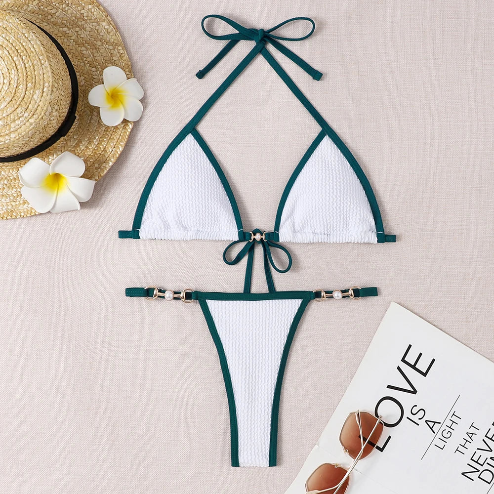 Traje de baño para mujer 2025, traje de baño de dos piezas con cuello halter, conjunto de bikini para mujer, ropa de playa de verano, traje de baño con cordón ajustable, tanga, copa triangular