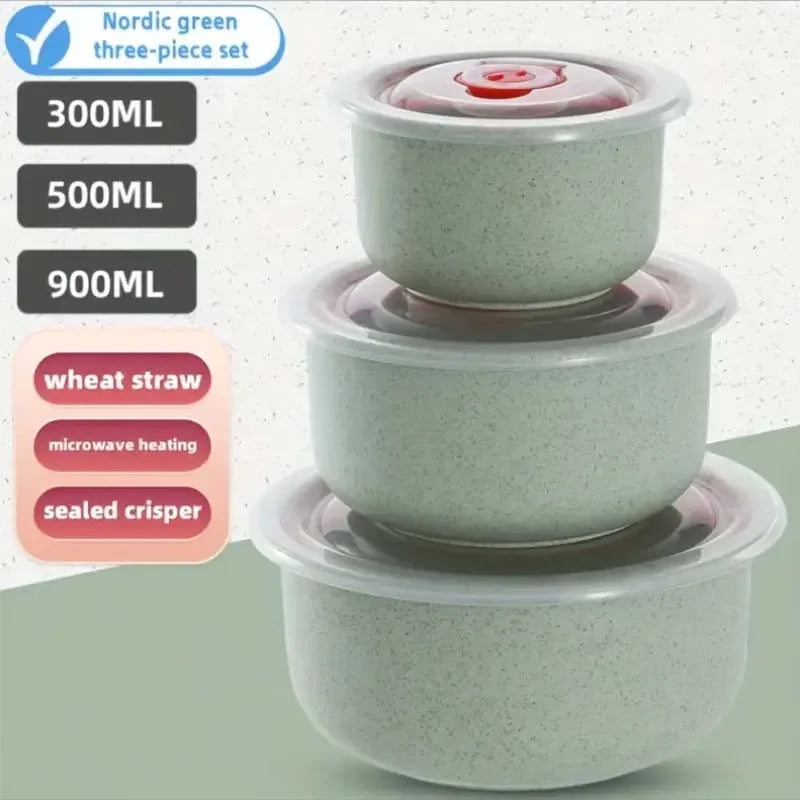 Juego de 3 loncheras redondas de trigo con tapa, aptas para microondas, recipientes sellados, caja de almacenamiento para utensilios de cocina.