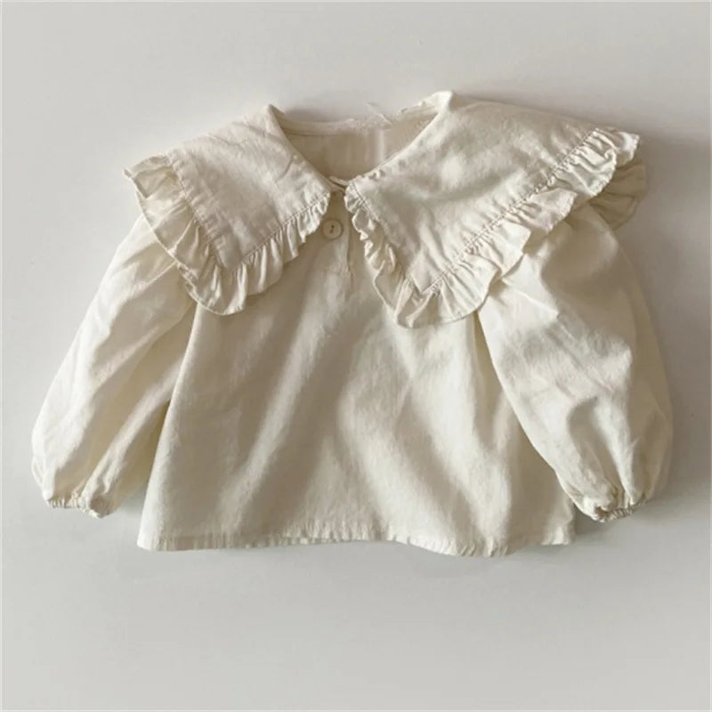 Ropa infantil, moda coreana de primavera 2025, nueva blusa para niñas, camisa informal con solapa de encaje