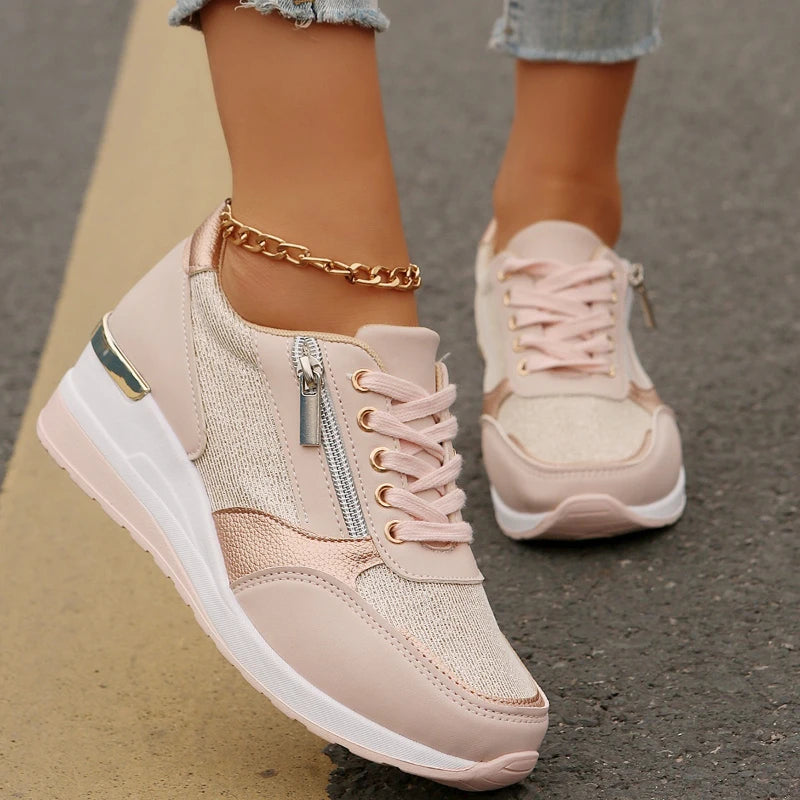 Zapatillas de deporte con cuña rosa de moda 2025 para mujer, ligeras, transpirables, informales, con plataforma vulcanizada y de talla grande.