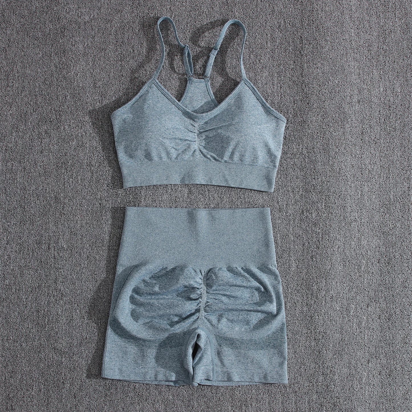 Conjuntos de dos piezas para mujer, pantalones cortos color melocotón, chándal femenino, conjunto de gimnasio, pantalones cortos de fitness con cuello halter, sujetador push up de verano