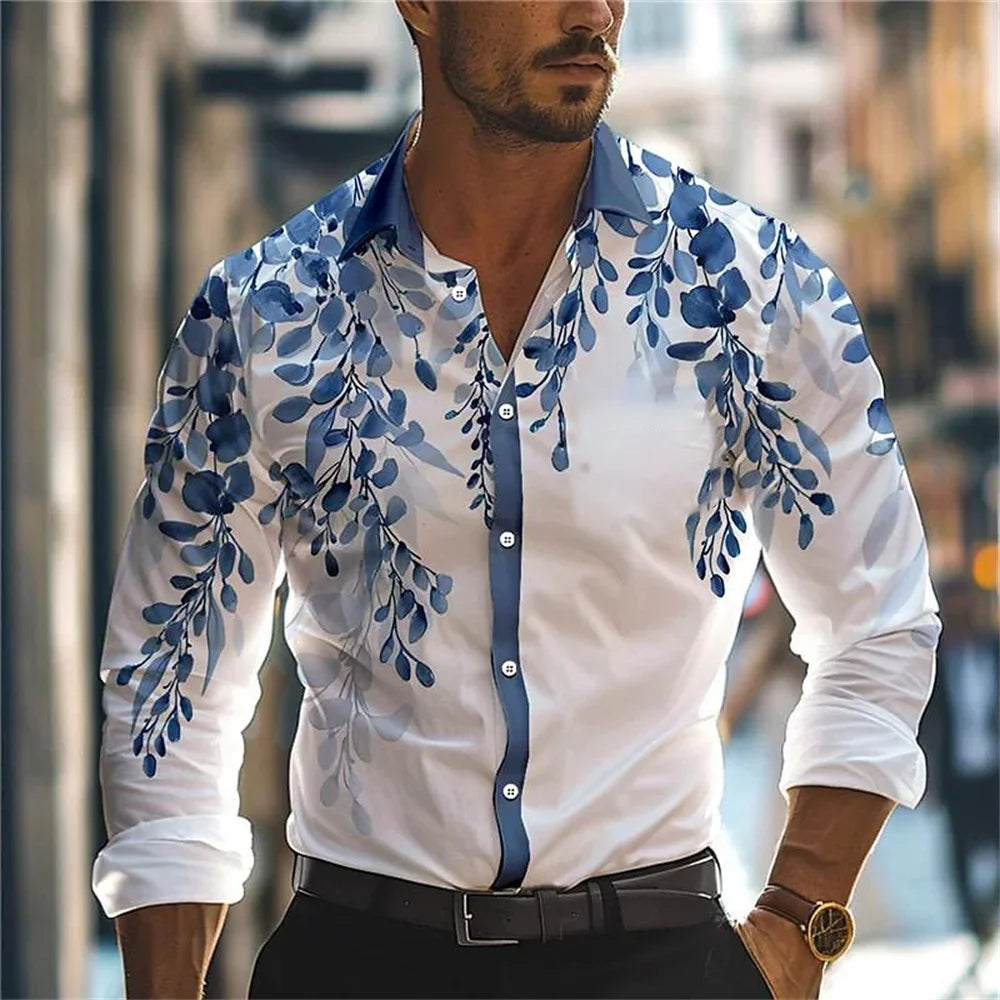 Camisa informal con estampado de hojas en 3D para hombre, nueva, para uso diario, con solapa de primavera, manga larga, abotonada, tallas S a 6XL, 2024