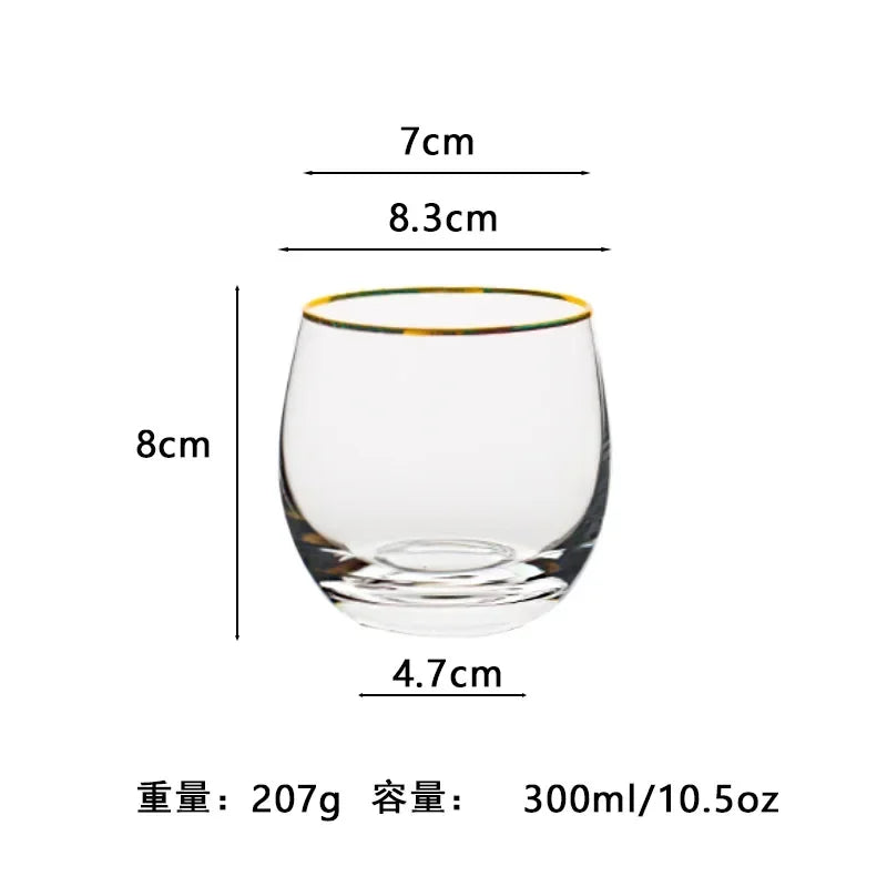 Vaso de agua redondo transparente de vidrio de alta calidad, colorido, con forma de huevo, resistente al calor, con borde dorado, para jugo, para uso doméstico.