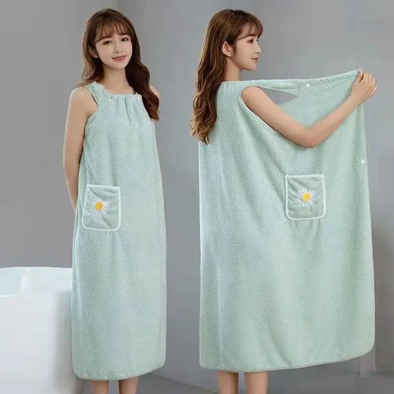 Toalla de baño para el hogar, para mujeres, usable, para adultos, absorbe el agua, algodón puro, para cabello seco, falda larga, estilo baño, bata de baño lavable