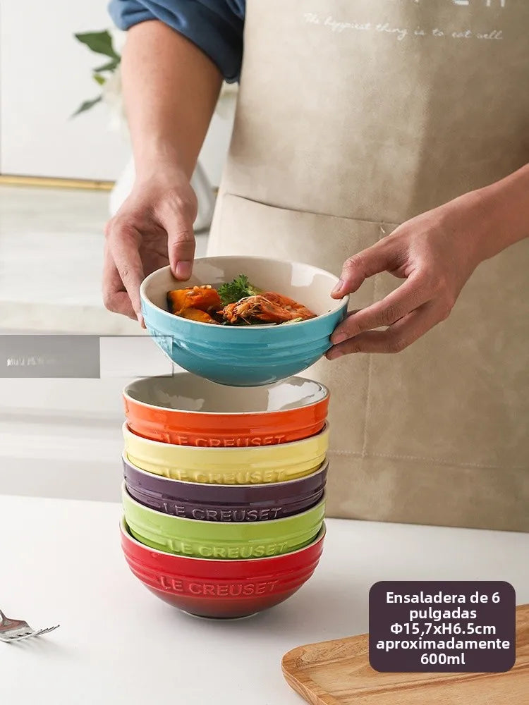 Cuenco de porcelana esmaltada de colores fríos Le Creuset, cuenco de arroz, cuenco para sopa con cara de arcoíris, cuenco francés con diseño de mono redondo para uso doméstico