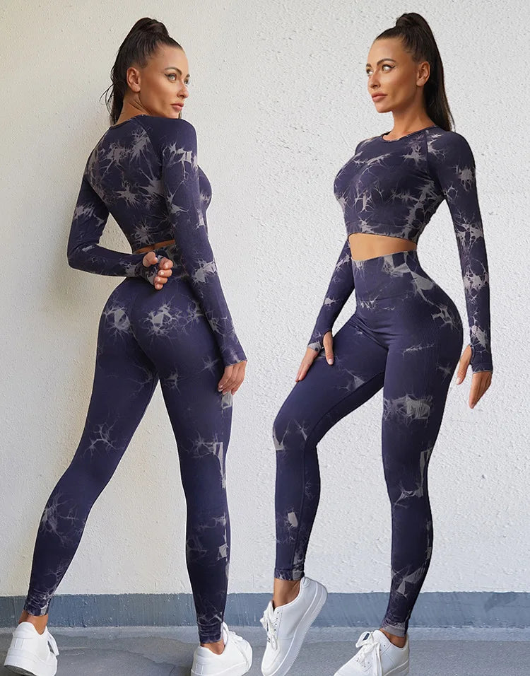 VEQKING - Ropa de yoga teñida para mujer, top corto de manga larga, pantalones de yoga de cintura alta, conjuntos deportivos, ropa de gimnasio de secado rápido