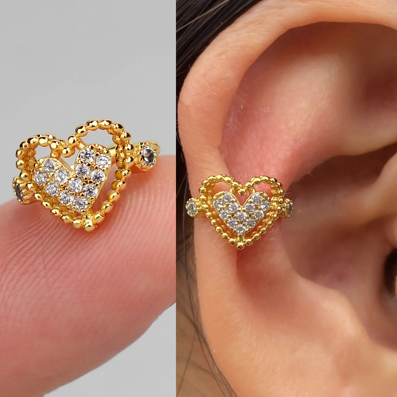 1 pieza de delicados pendientes de clip de circonita para mujer, con forma de corazón, sin perforaciones, pendientes de cartílago falsos para mujer, joyería de moda 2025