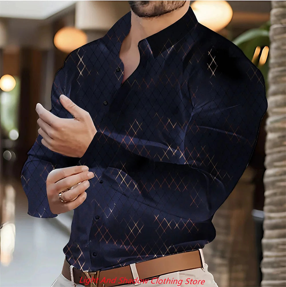 Camisa informal de hombre con estampado de cuadros, abotonada, ideal para vacaciones en Hawái. Manga larga, cuello alto, perfecta para primavera y otoño.