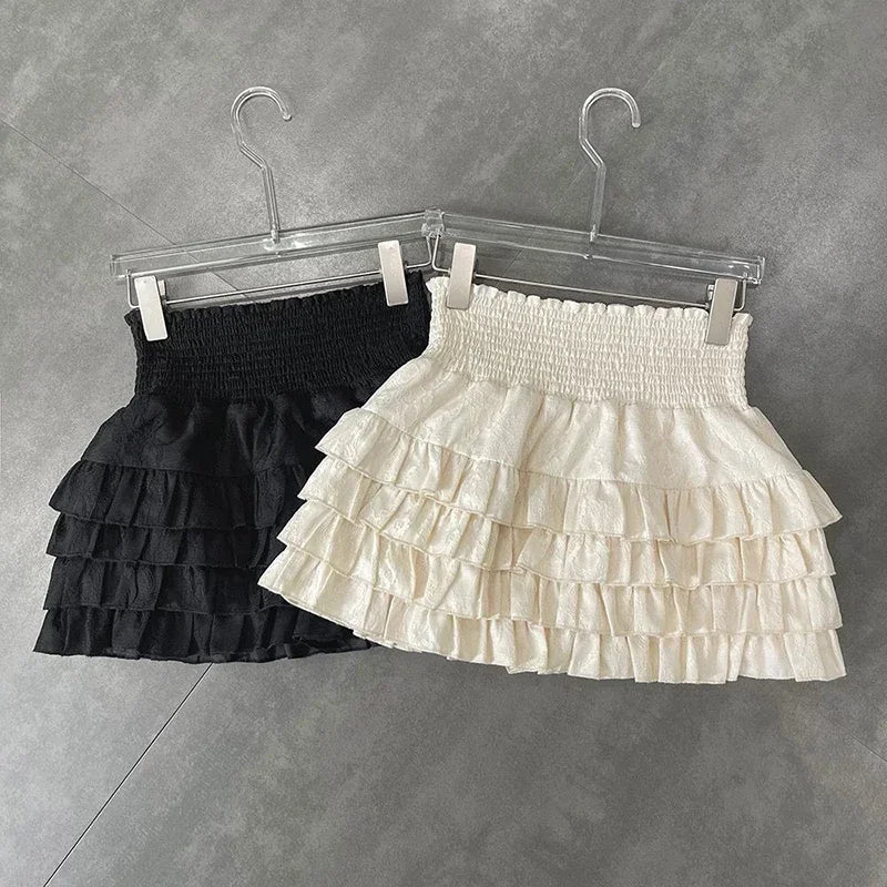 Minifaldas con volantes para mujer, estilo kawaii, de cintura alta, con encaje, estilo coreano, color negro, para verano
