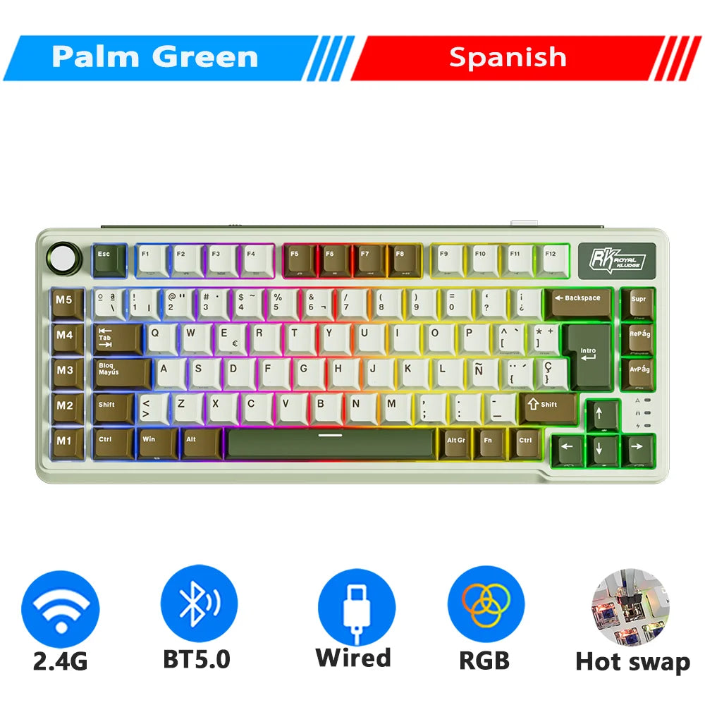 RK ROYAL KLUDGE L75 Teclado mecánico personalizable con cinco teclas de acceso directo, estructura de junta, retroiluminación RGB de tres modos, teclado para gamers