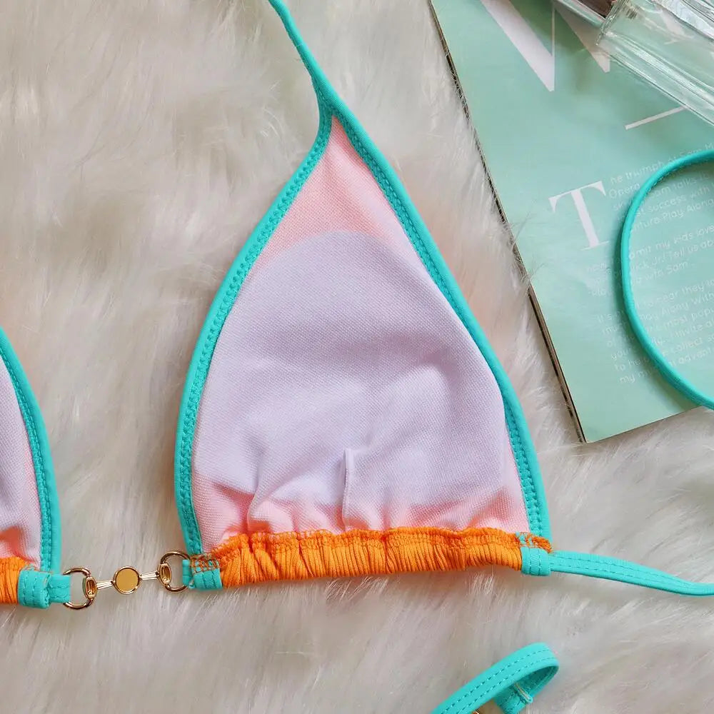 Bikini sexy con cuello halter y perlas para mujer, traje de baño femenino de dos piezas con ribete acanalado