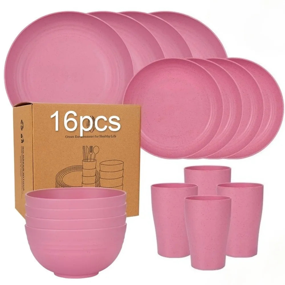 NUEVO Juego de 16 piezas de cuencos, tazas y platos, vajilla negra pura, platos de plástico para la cena y vasos de agua, regalo