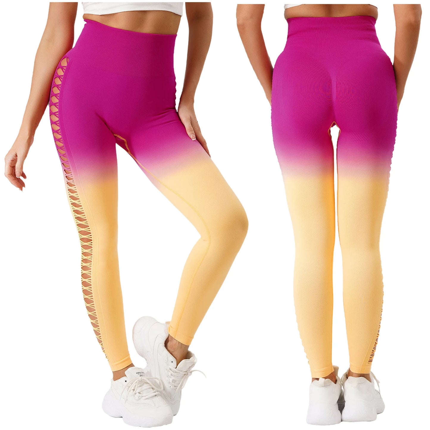 Womens Hip Tight Yoga Pants High Waist Side Hollowed-Out Mesh Design Exercise Yoga Leggings Running Gym Fitness